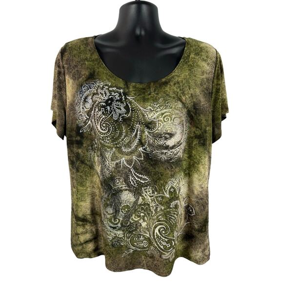 Y2K Plus Size Tee Jeweled Graphic Tie Dye Brown Green Short Sleeve XL Dressbarn - Picture 1 of 13